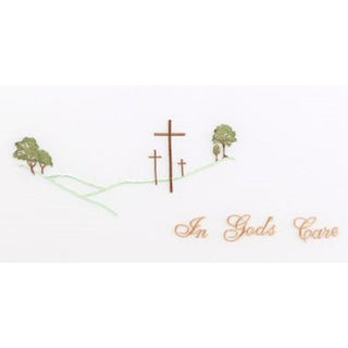 In Gods Care bronze and green embroidery for casket or coffin liners.