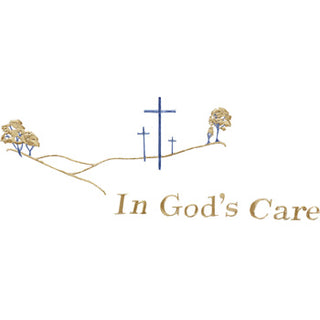 In Gods Care blue embroidery for casket or coffin liners.