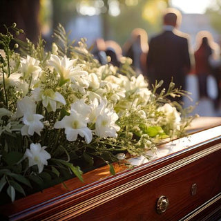 Beautifully crafted casket with white lilies, surrounded by mourners in the background.