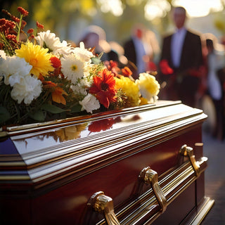 Polished wooden casket adorned with fresh white and yellow flowers, reflecting sunlight during a funeral ceremony.