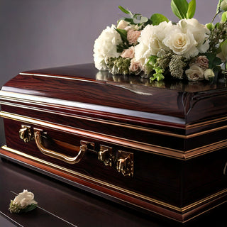 Selection of discounted caskets including black, blue, and pink options, offering significant savings