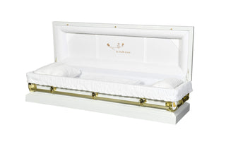 Elegant full white couch casket with detailed white interior.