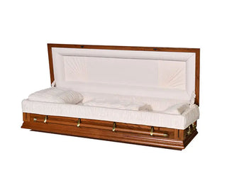 Classic wooden hardwood casket with white interior and detailed craftsmanship.