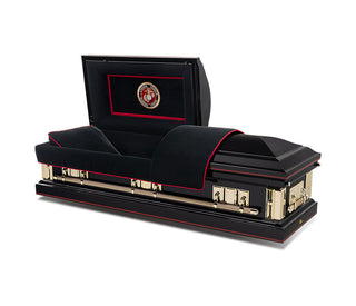 Black military-themed casket with a United States Marine Corps emblem on the interior