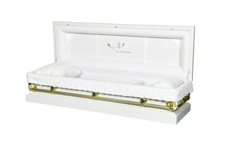 Elegant full white couch casket with detailed white interior.
